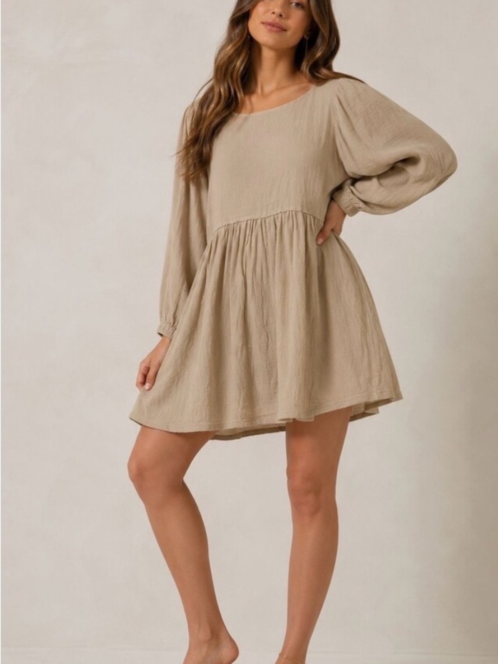 Free People FP Beach Get Obsessed Babydoll Mini Dress Tan Oversized Balloonsleev